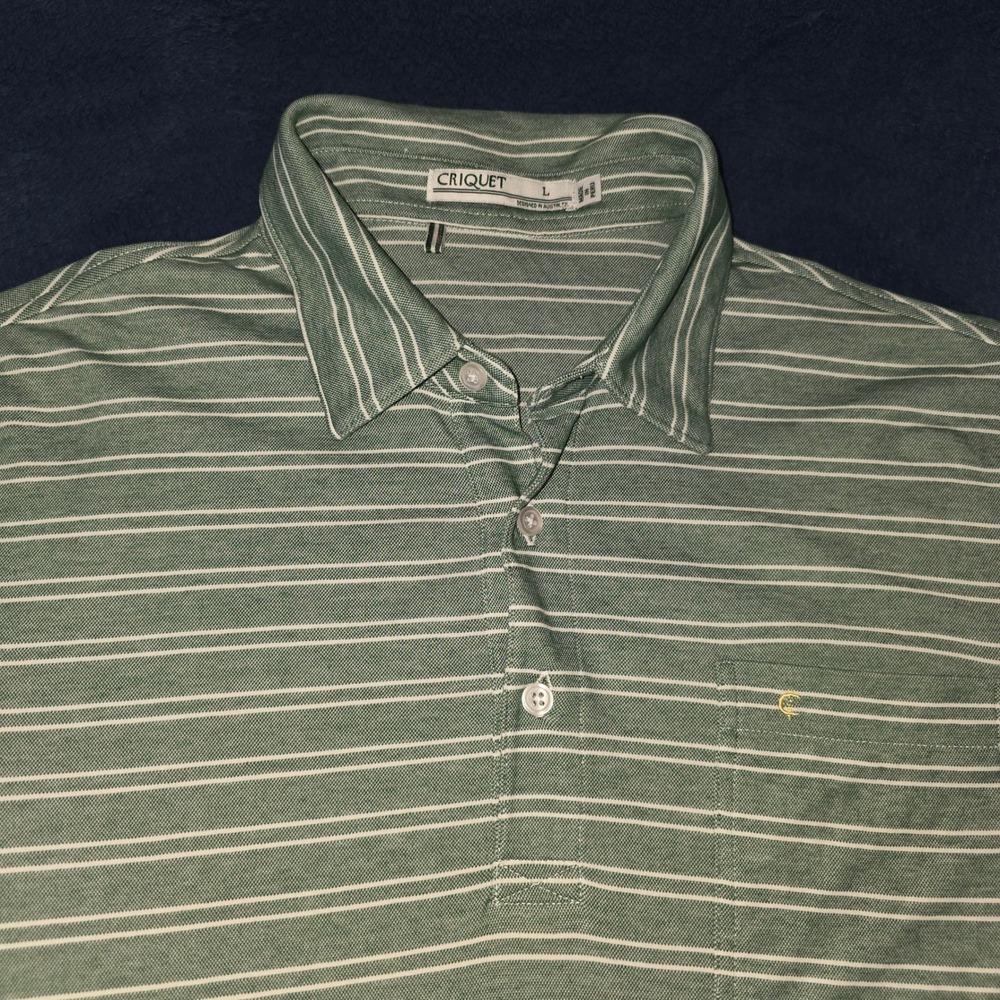 Criquet Mens Green White Striped Short Sleeve Pocket Polo Shirt Large